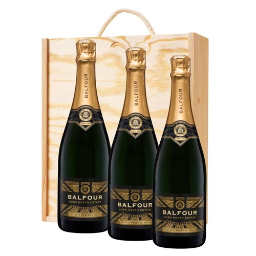 Balfour Leslies Reserve Gold English Sparkling 75cl Treble Pine Wooden Gift Boxed (3x75cl)